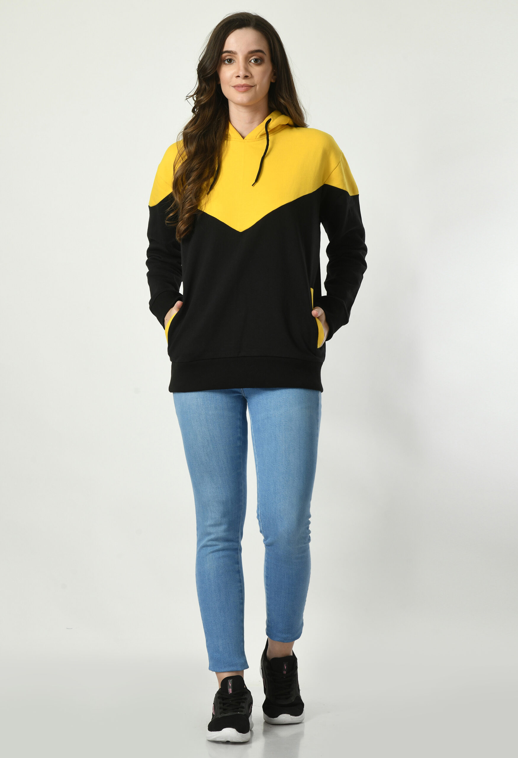 Designer Hoodie for Women - Yellow & Black V Shaped - 2