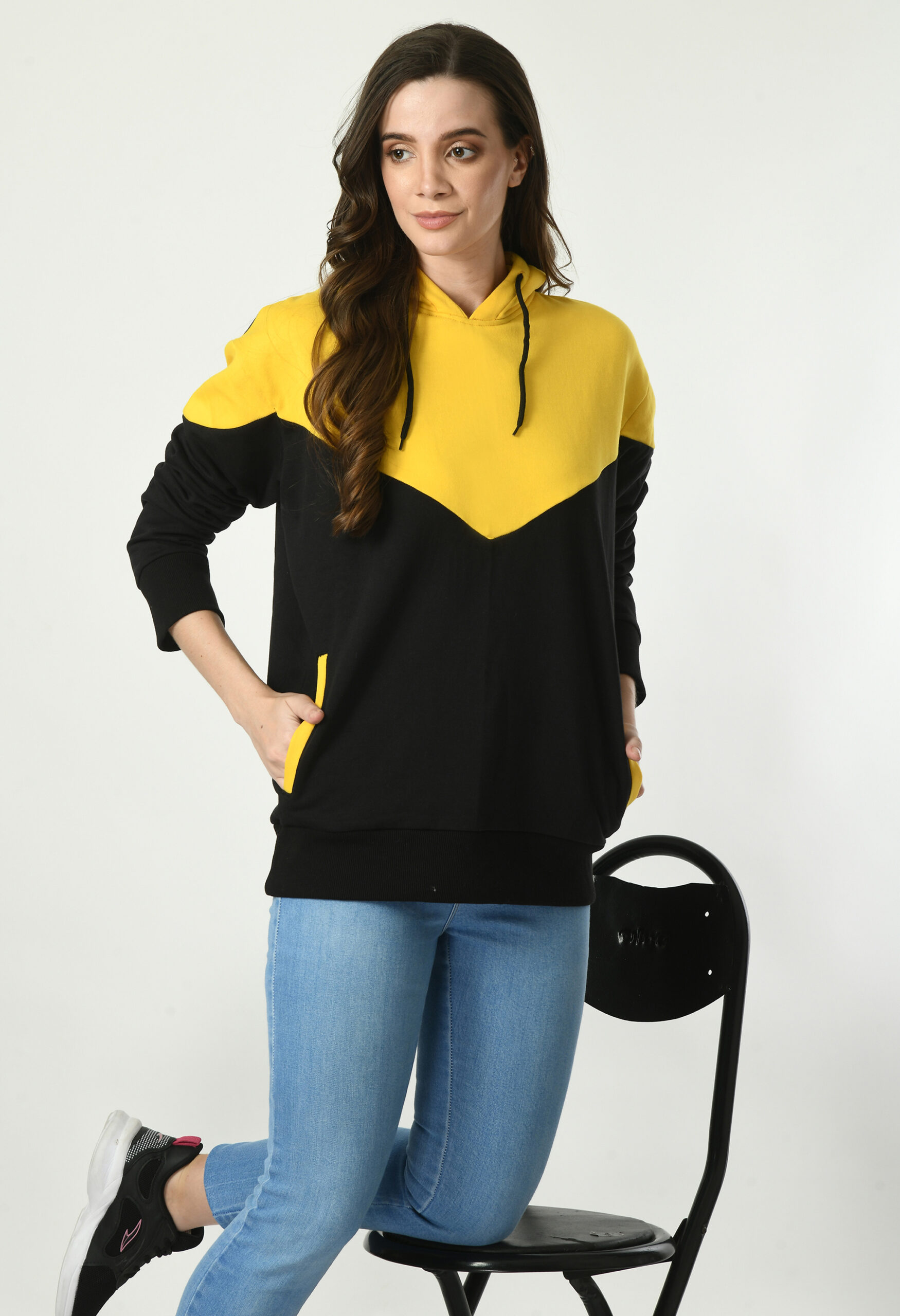 Designer Hoodie for Women - Yellow & Black V Shaped - 7