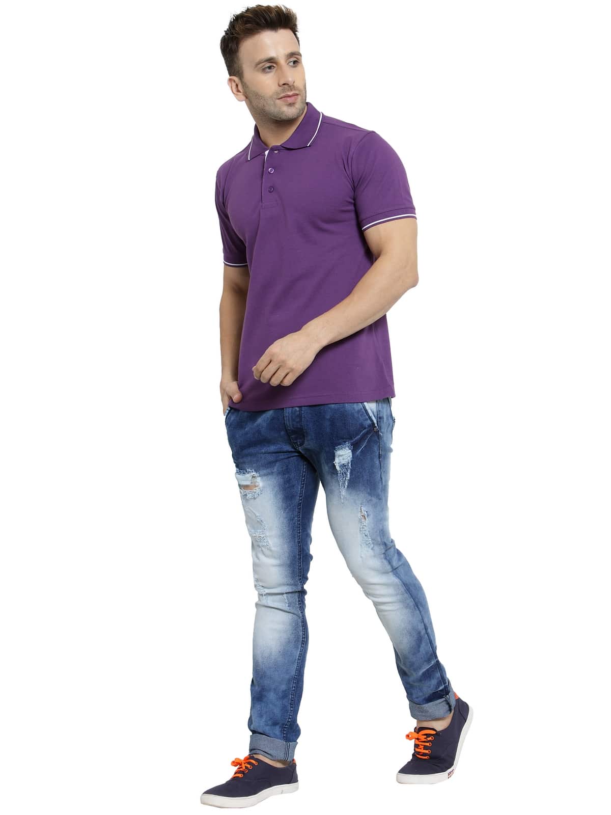 Premium Organic Purple Polo Neck T Shirt with White Tipping 3 Premium Organic Purple Polo Neck T Shirt with White Tipping - Image 3
