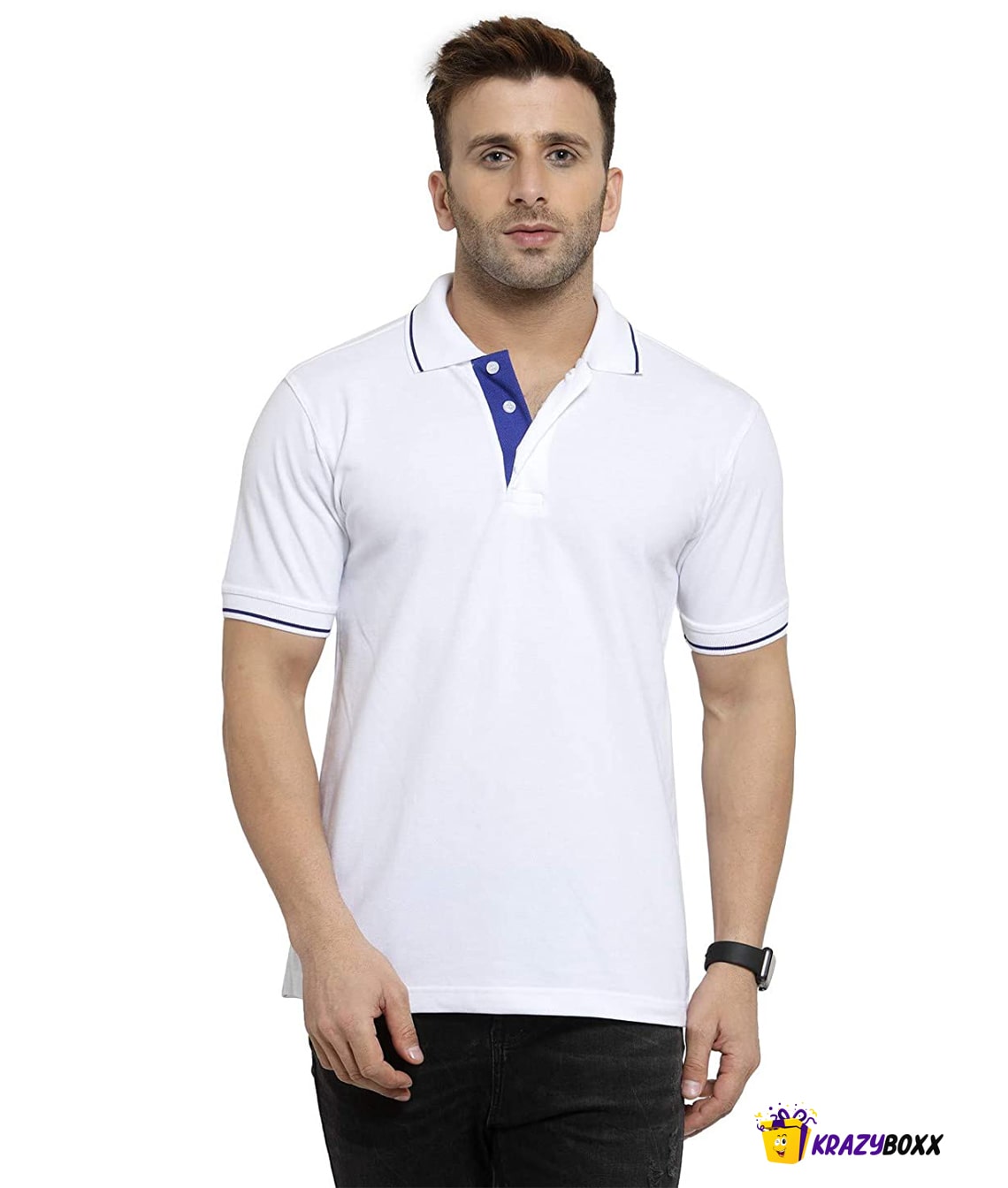 Premium Organic White Polo T shirt with Blue Tipping 1 white polo t shirt